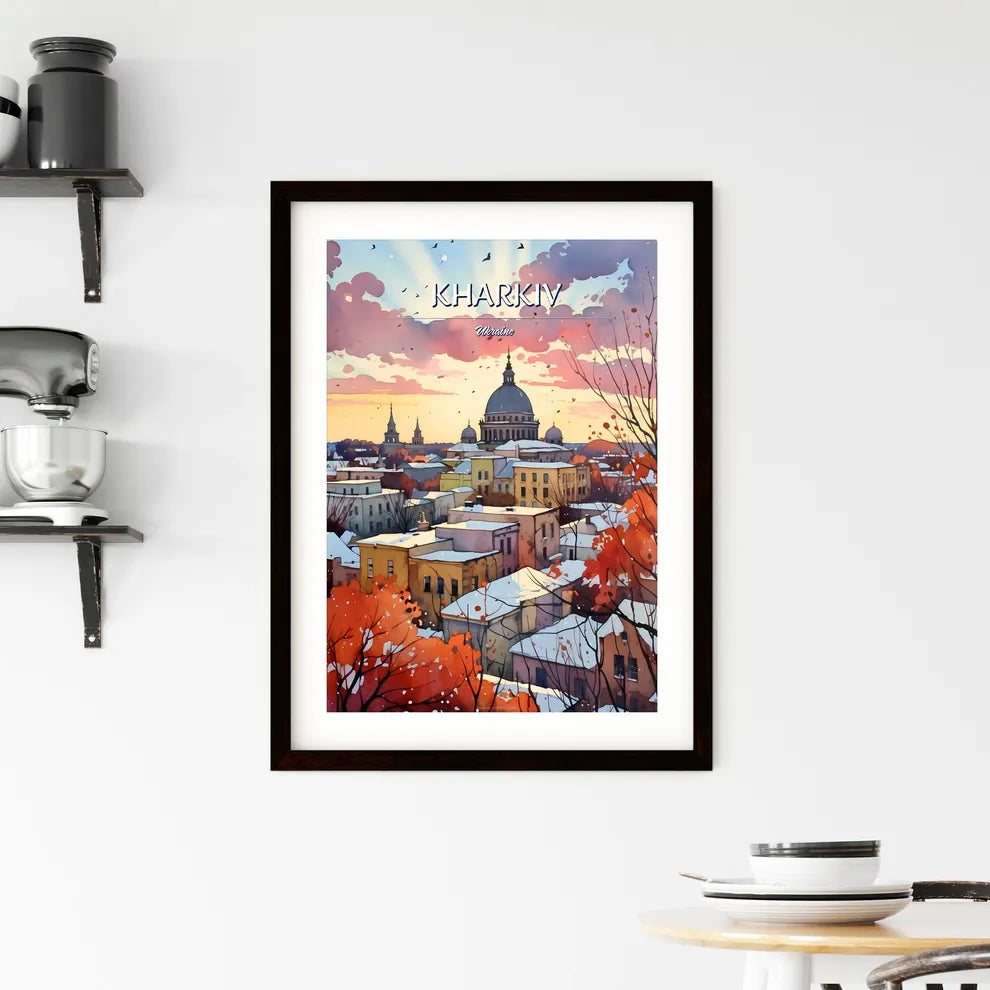 Kharkiv, Ukraine - Art print of a watercolor painting of a city with snow covered roofs Custom Print