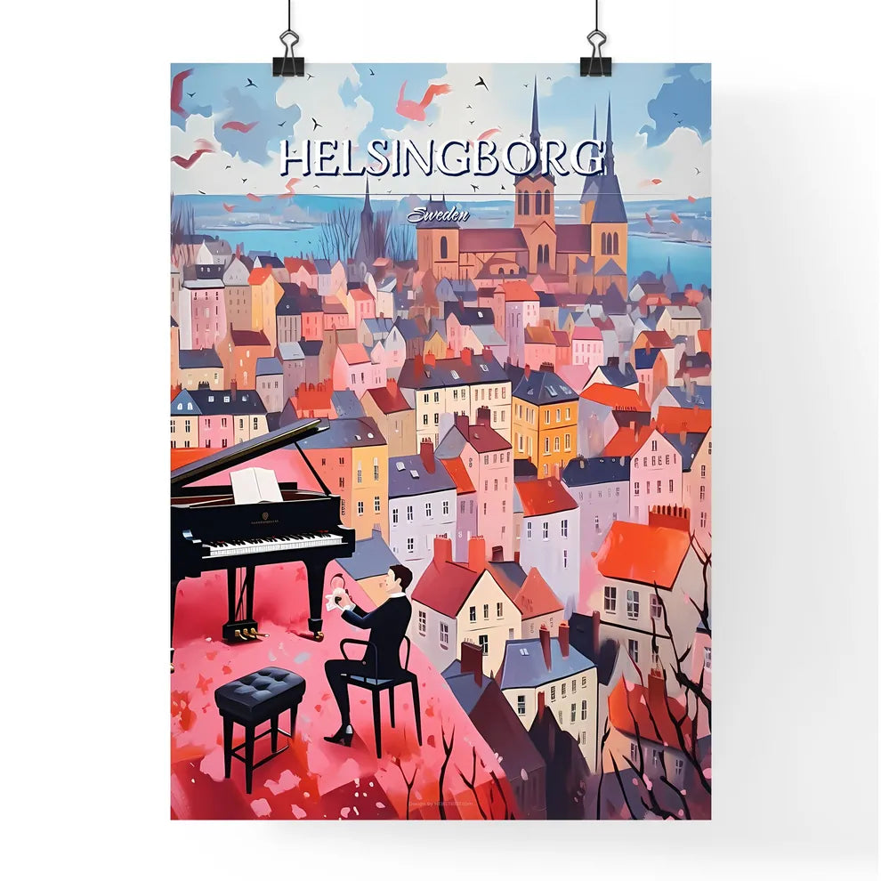 Helsingborg, Sweden, - Art print of a man playing a piano in a city Poster