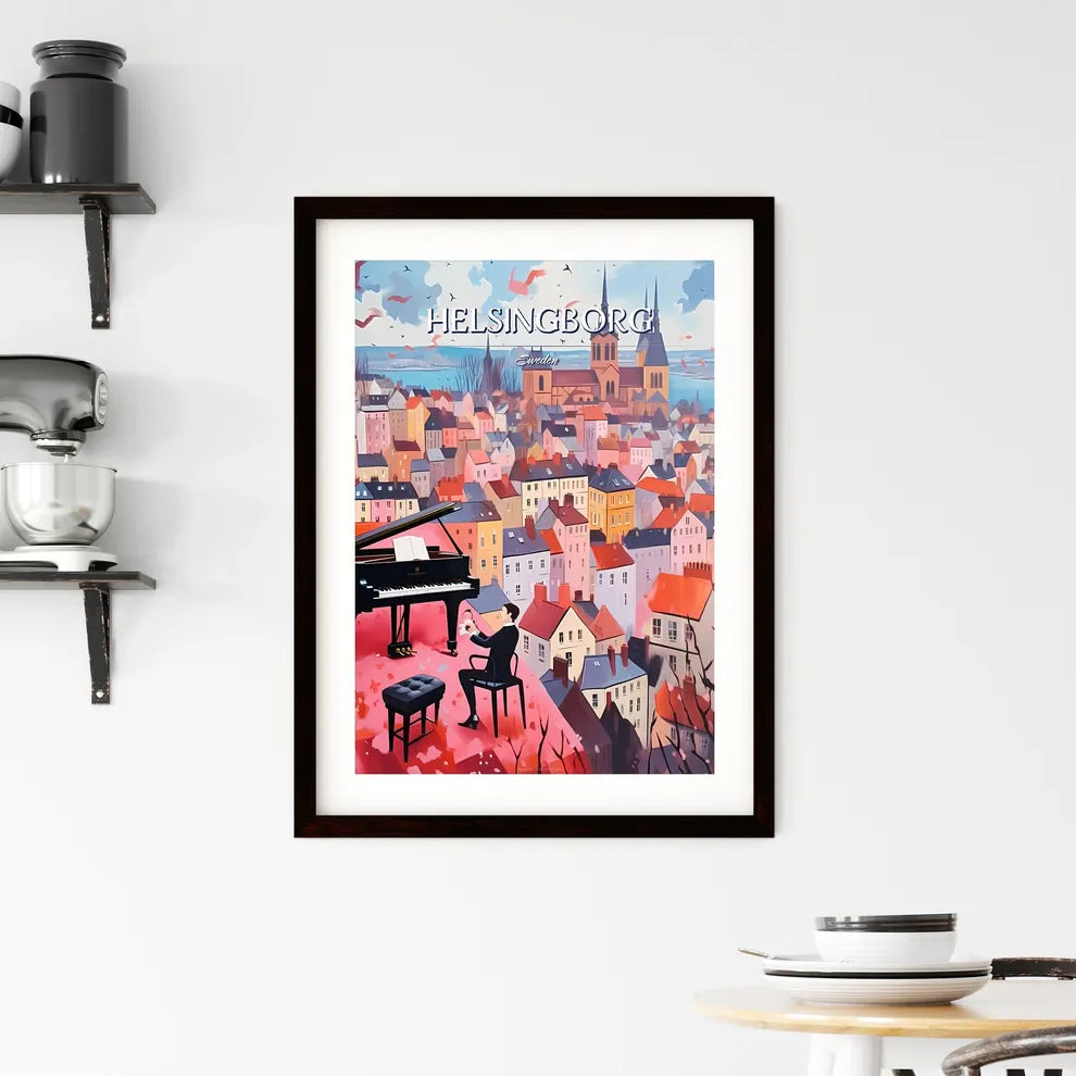 Helsingborg, Sweden, - Art print of a man playing a piano in a city Custom Print