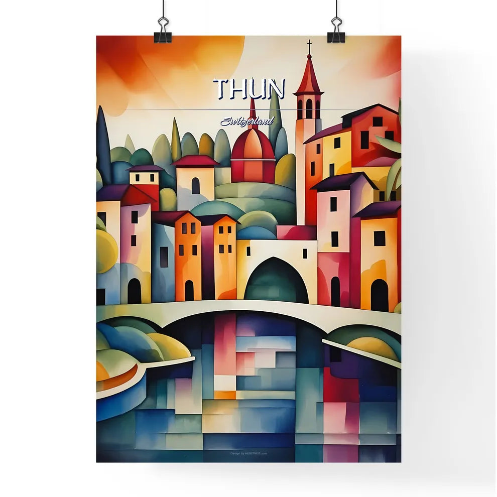 Thun, Switzerland - Art print of a painting of a colorful city Poster