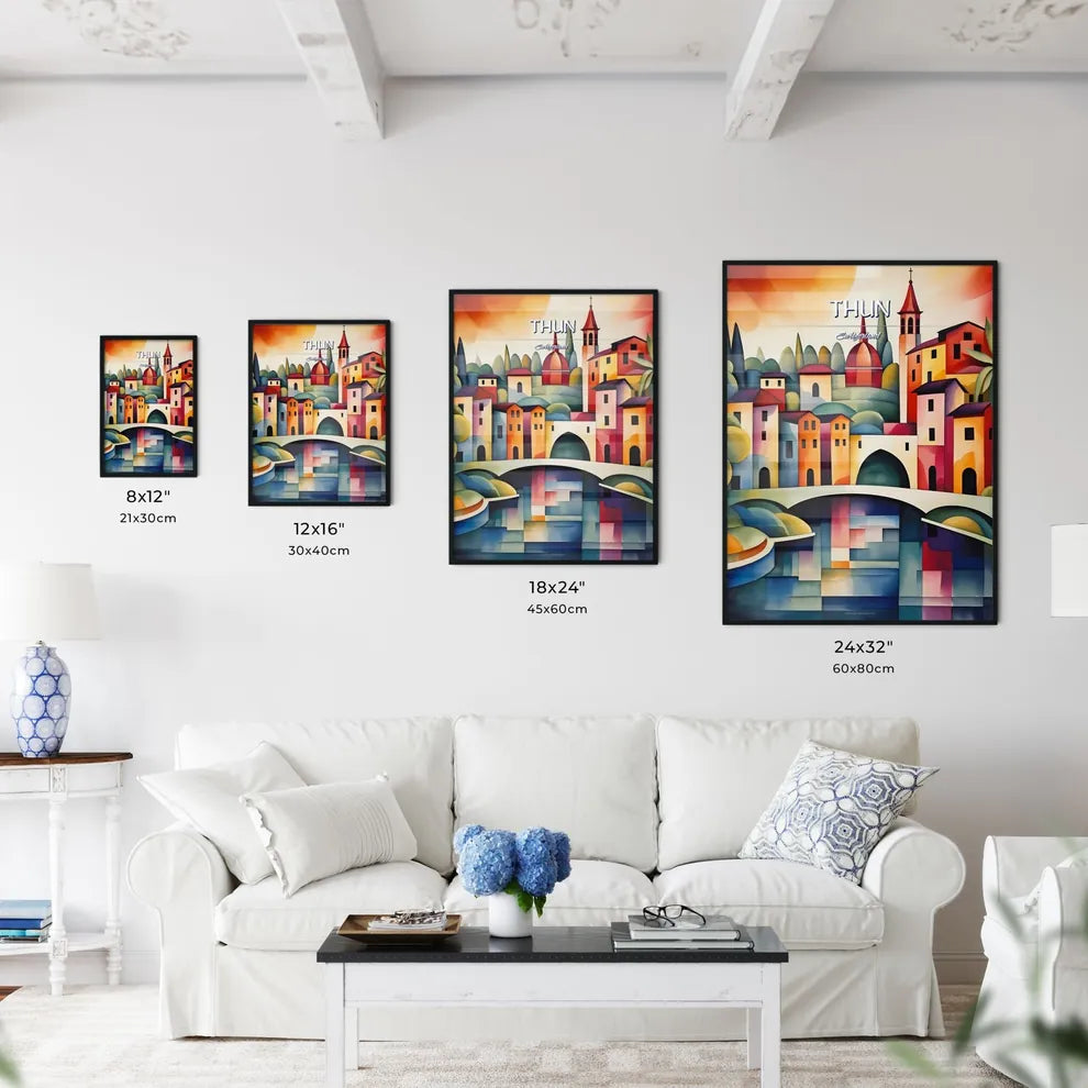 Thun, Switzerland - Art print of a painting of a colorful city Size Chart