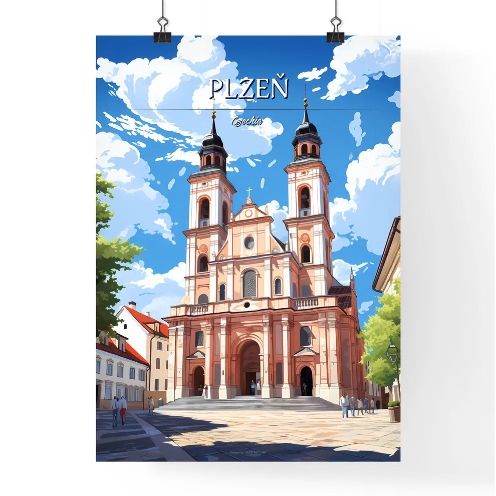 Plzeň, Czechia - Art print of a building with towers and a group of people walking in front of it Poster