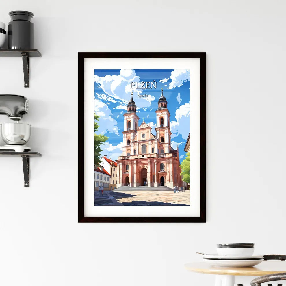 Plzeň, Czechia - Art print of a building with towers and a group of people walking in front of it Custom Print
