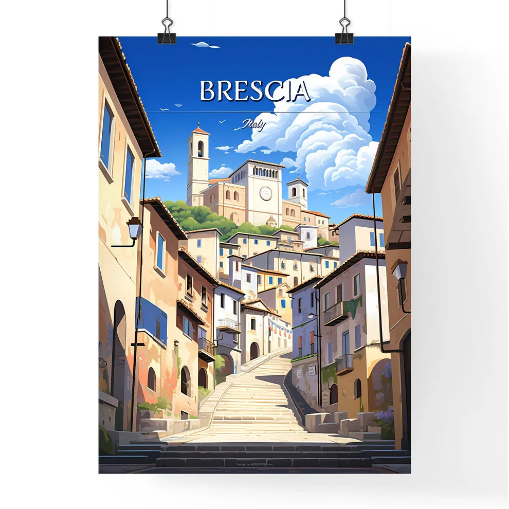 Brescia, Italy - Art print of a street with stairs leading to a town Poster