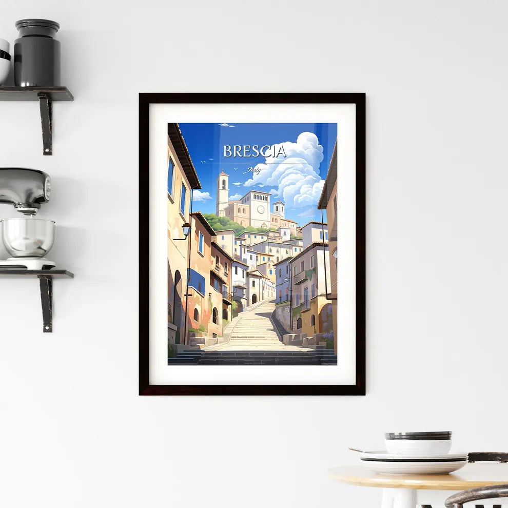 Brescia, Italy - Art print of a street with stairs leading to a town Custom Print