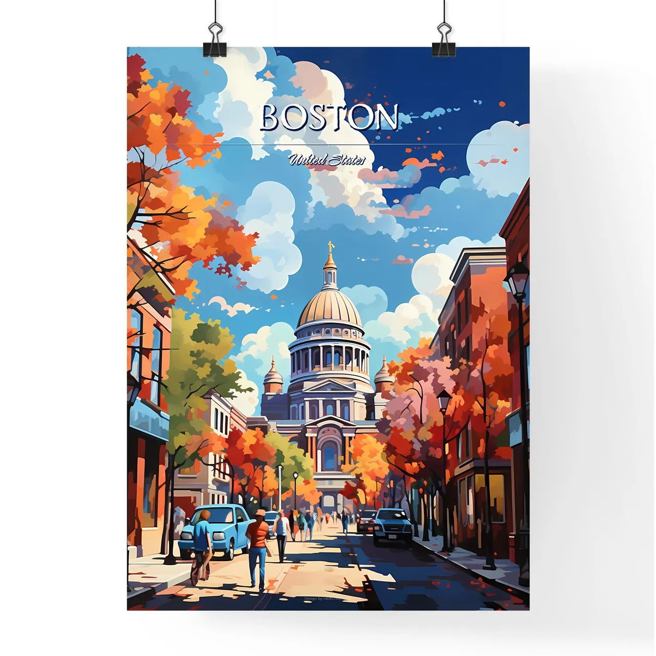 Boston - Art print of a street with cars and a building with a dome Poster