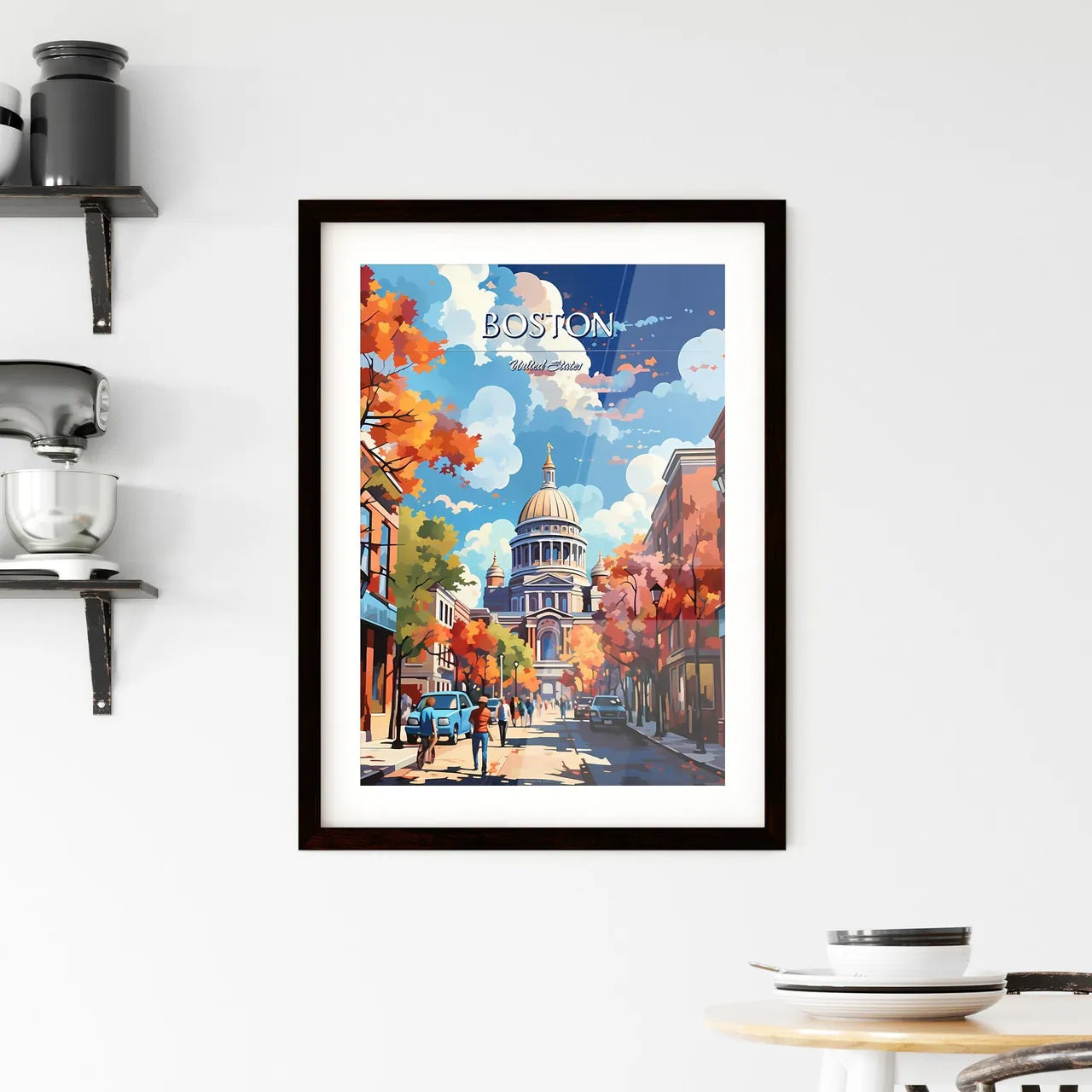 Boston - Art print of a street with cars and a building with a dome Custom Print