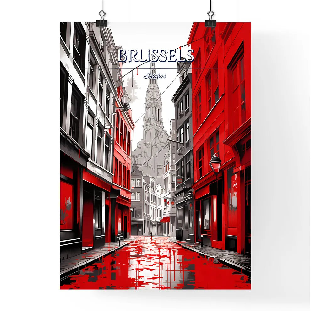 Brussels, Belgium - Art print of a street with red buildings and a tall tower Poster