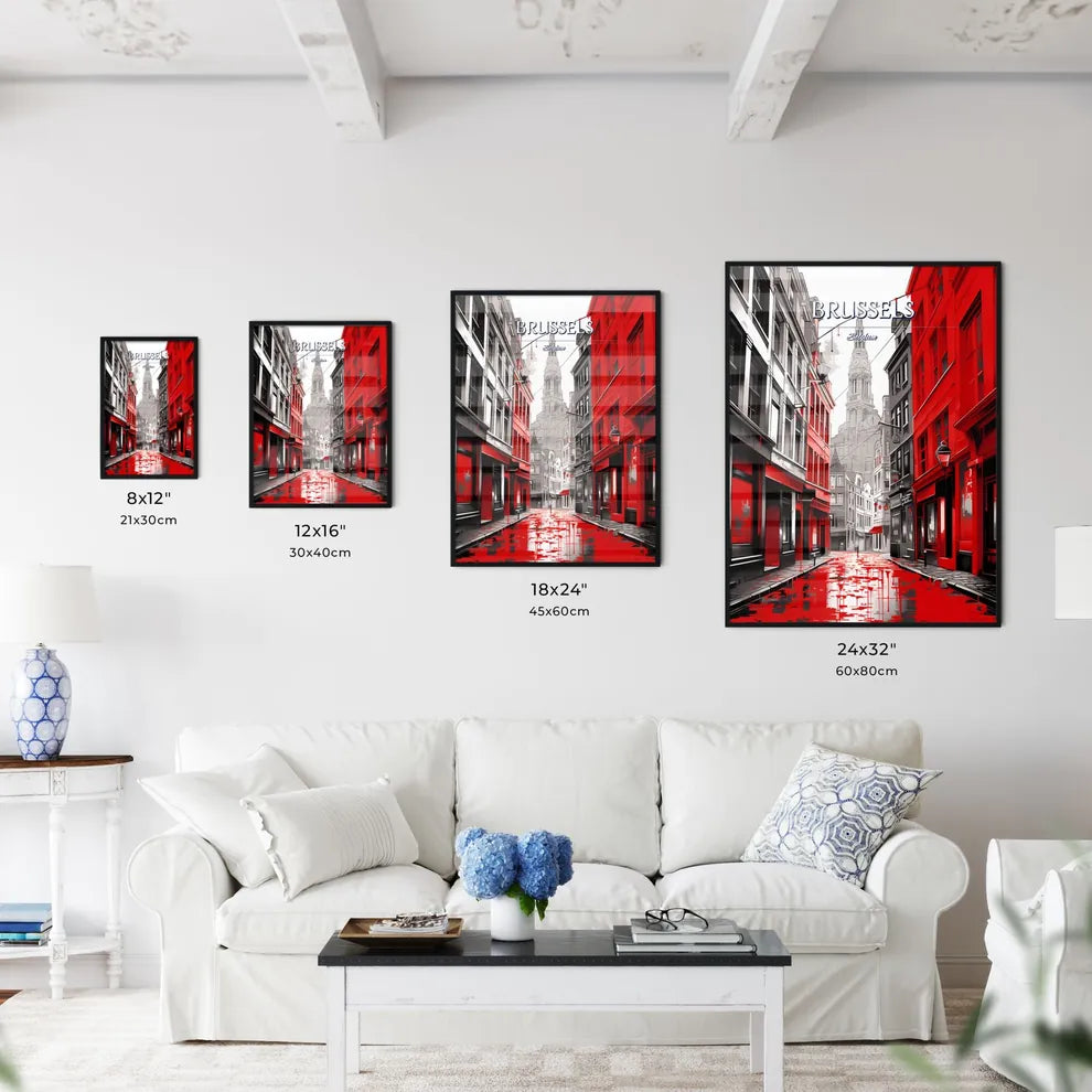 Brussels, Belgium - Art print of a street with red buildings and a tall tower Size Chart