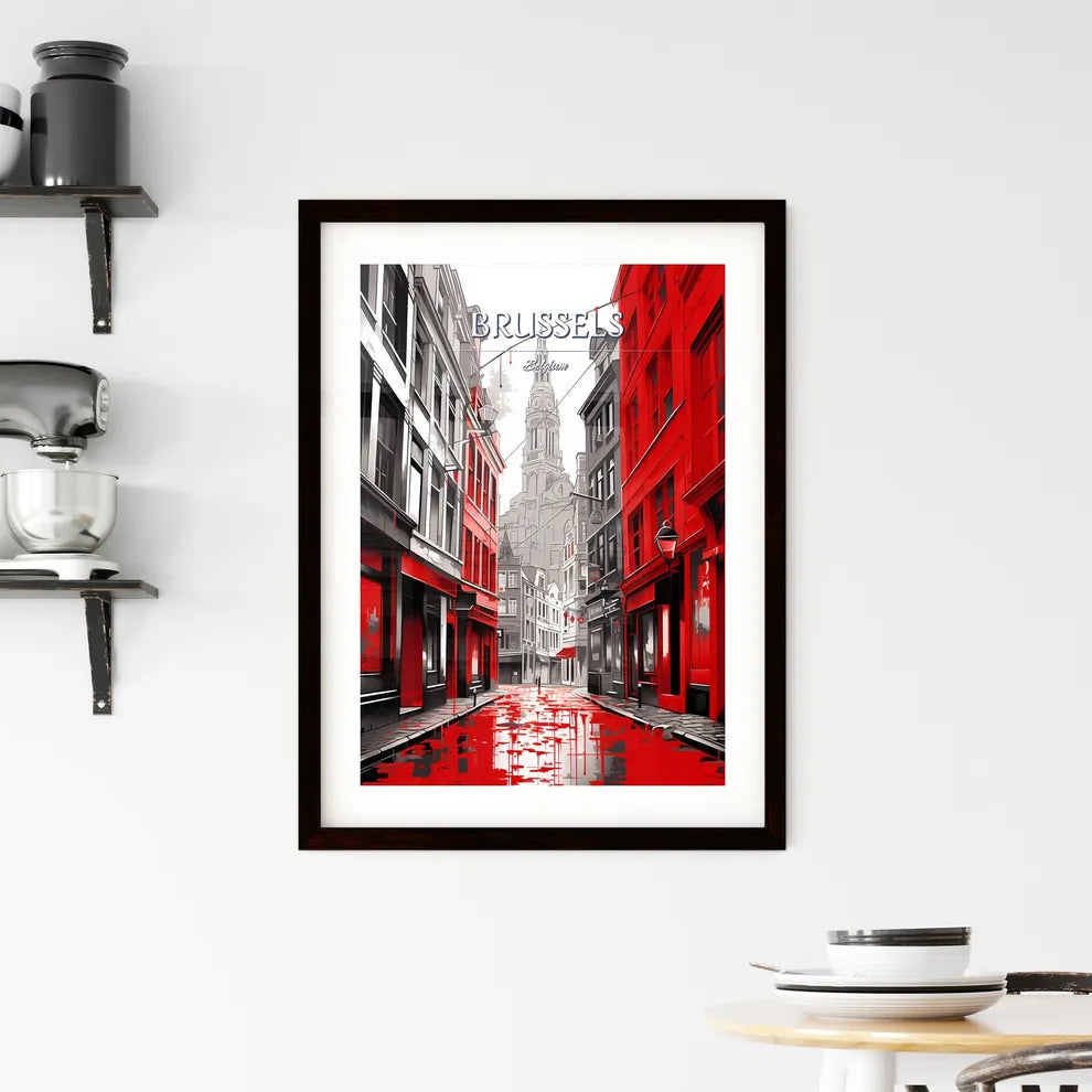 Brussels, Belgium - Art print of a street with red buildings and a tall tower Custom Print