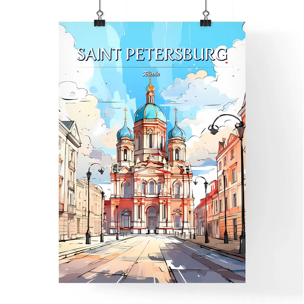 Saint Petersburg, Russia - Art print of a street with buildings and a building with blue domes Poster