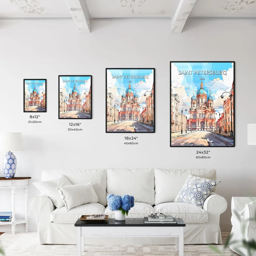 Saint Petersburg, Russia - Art print of a street with buildings and a building with blue domes Size Chart