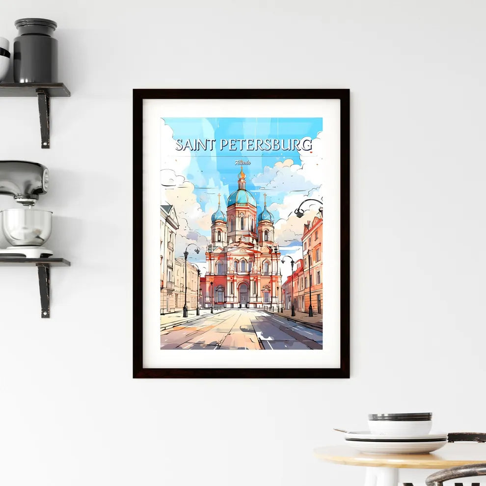 Saint Petersburg, Russia - Art print of a street with buildings and a building with blue domes Custom Print