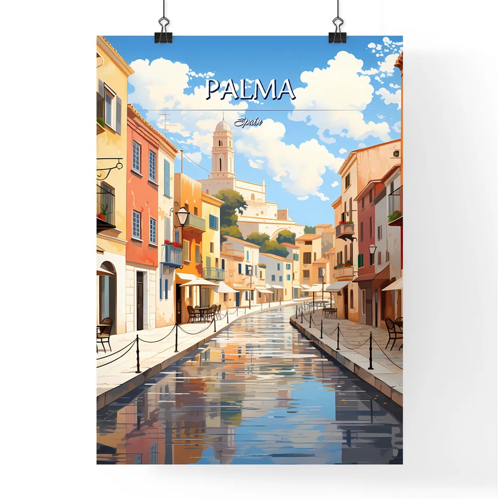 Palma, Spain - Art print of a water canal with tables and chairs in a city Poster