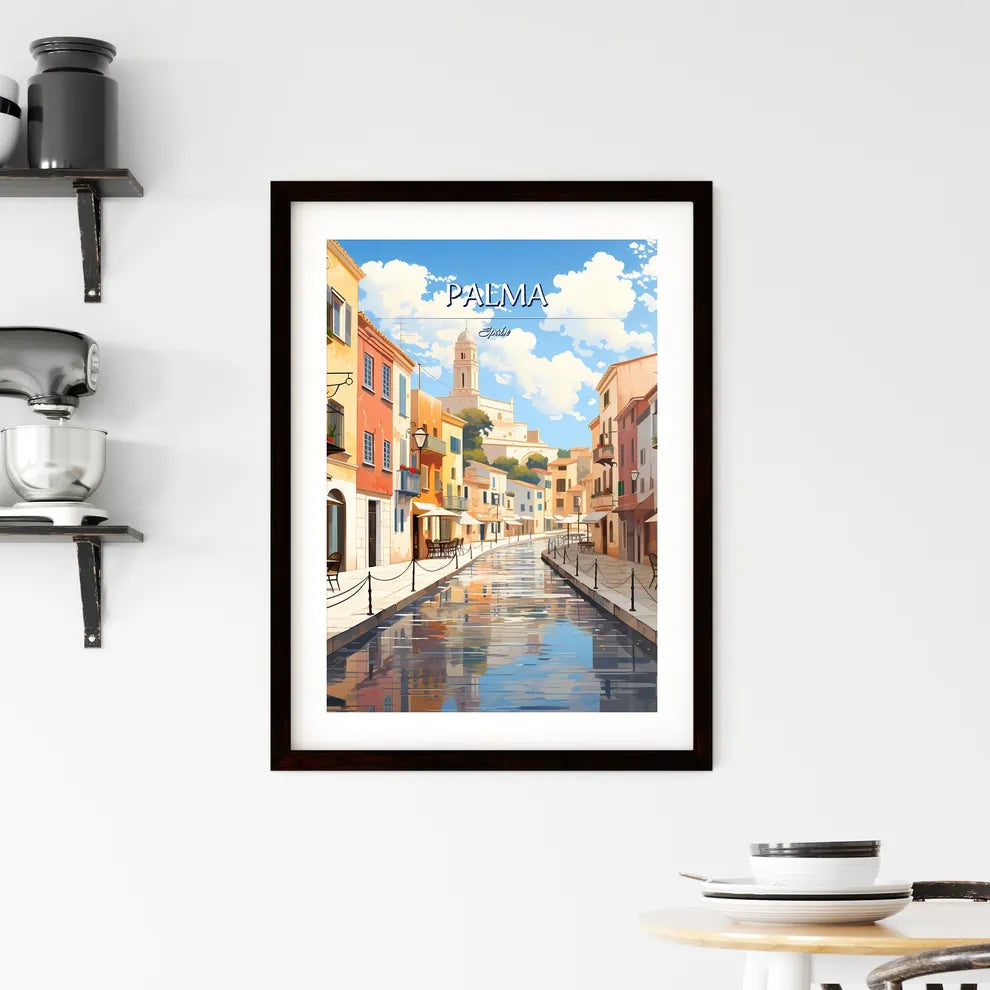 Palma, Spain - Art print of a water canal with tables and chairs in a city Custom Print