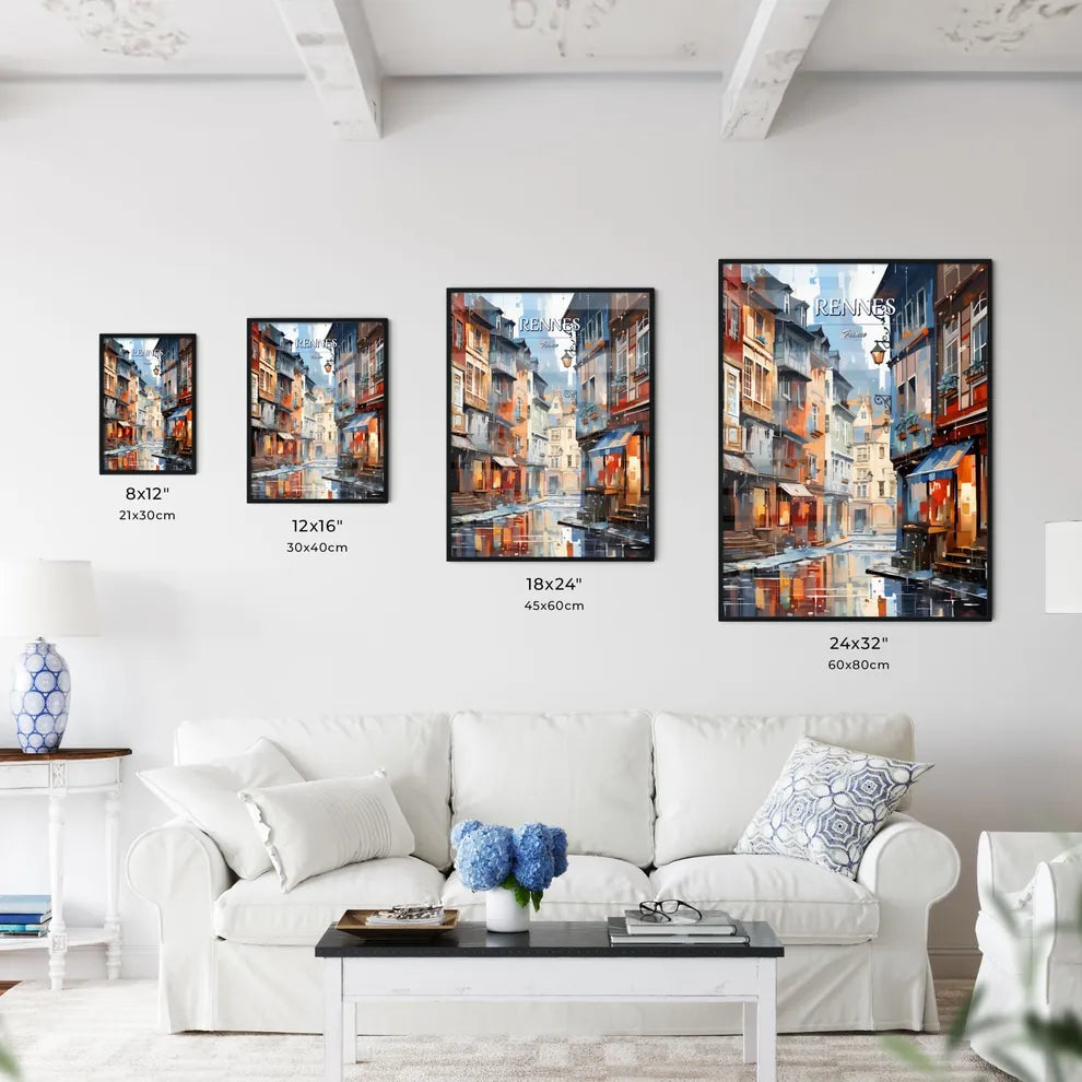 Rennes, France - Art print of a street with buildings and a puddle of water Size Chart