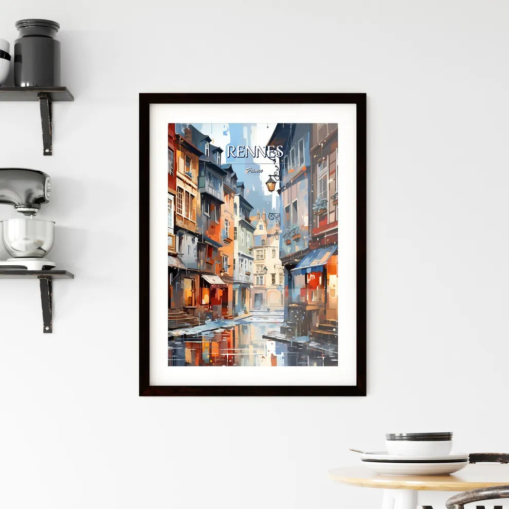 Rennes, France - Art print of a street with buildings and a puddle of water Custom Print