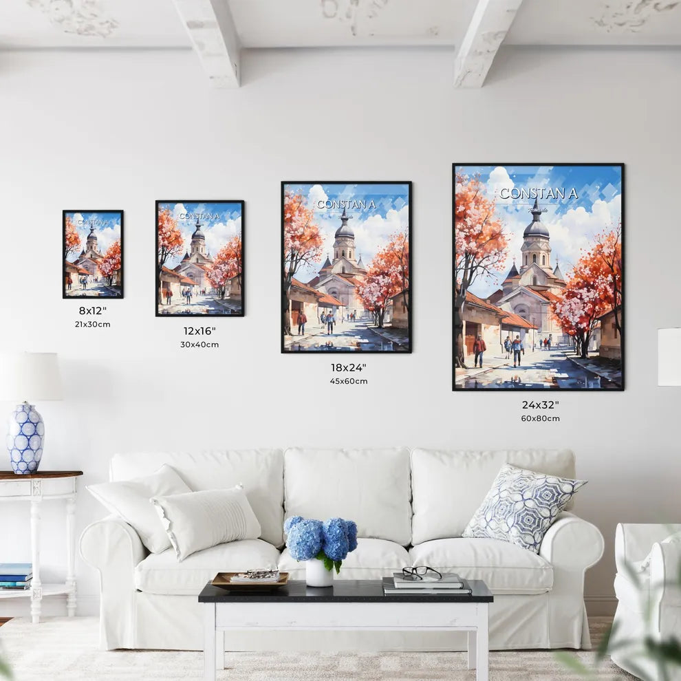 Constanța, Romania - Art print of a street with trees and a building Size Chart