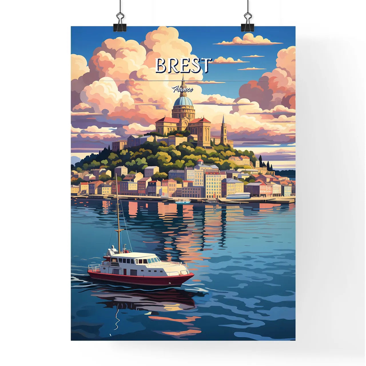 Brest, France - Art print of a boat on a body of water with a city on a hill Poster