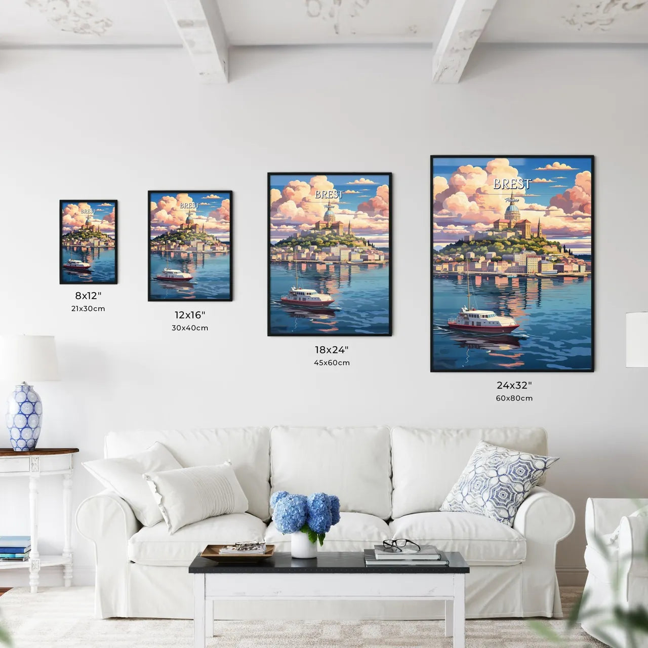 Brest, France - Art print of a boat on a body of water with a city on a hill Size Chart