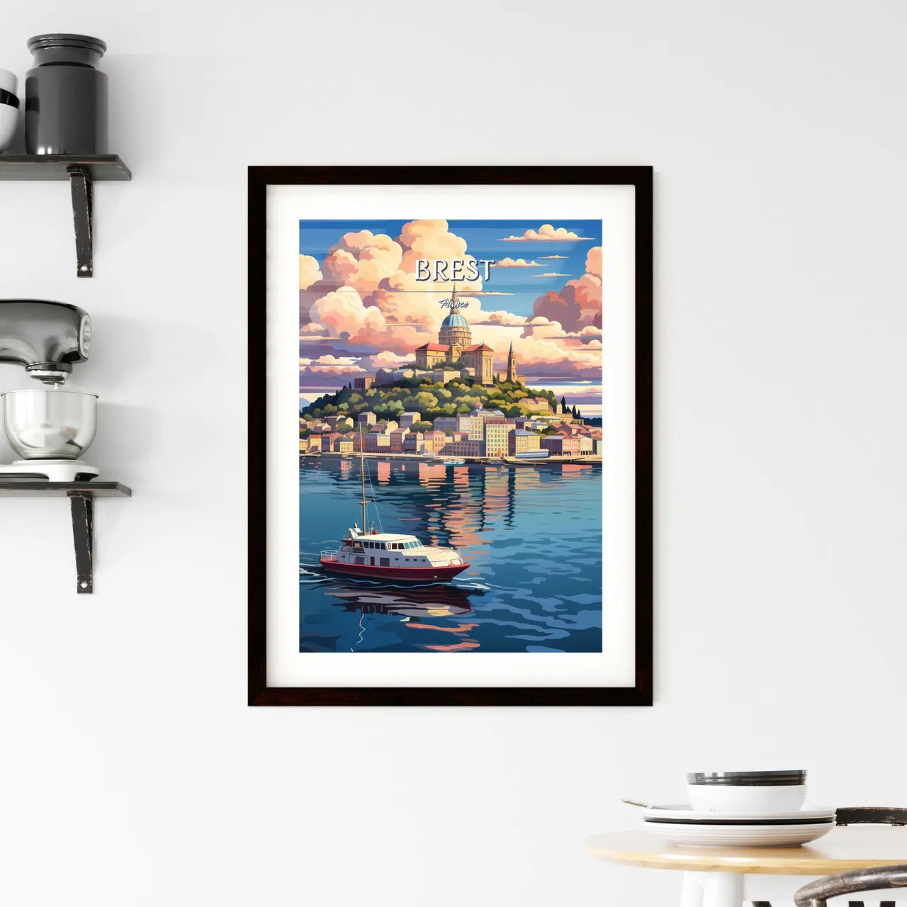 Brest, France - Art print of a boat on a body of water with a city on a hill Custom Print