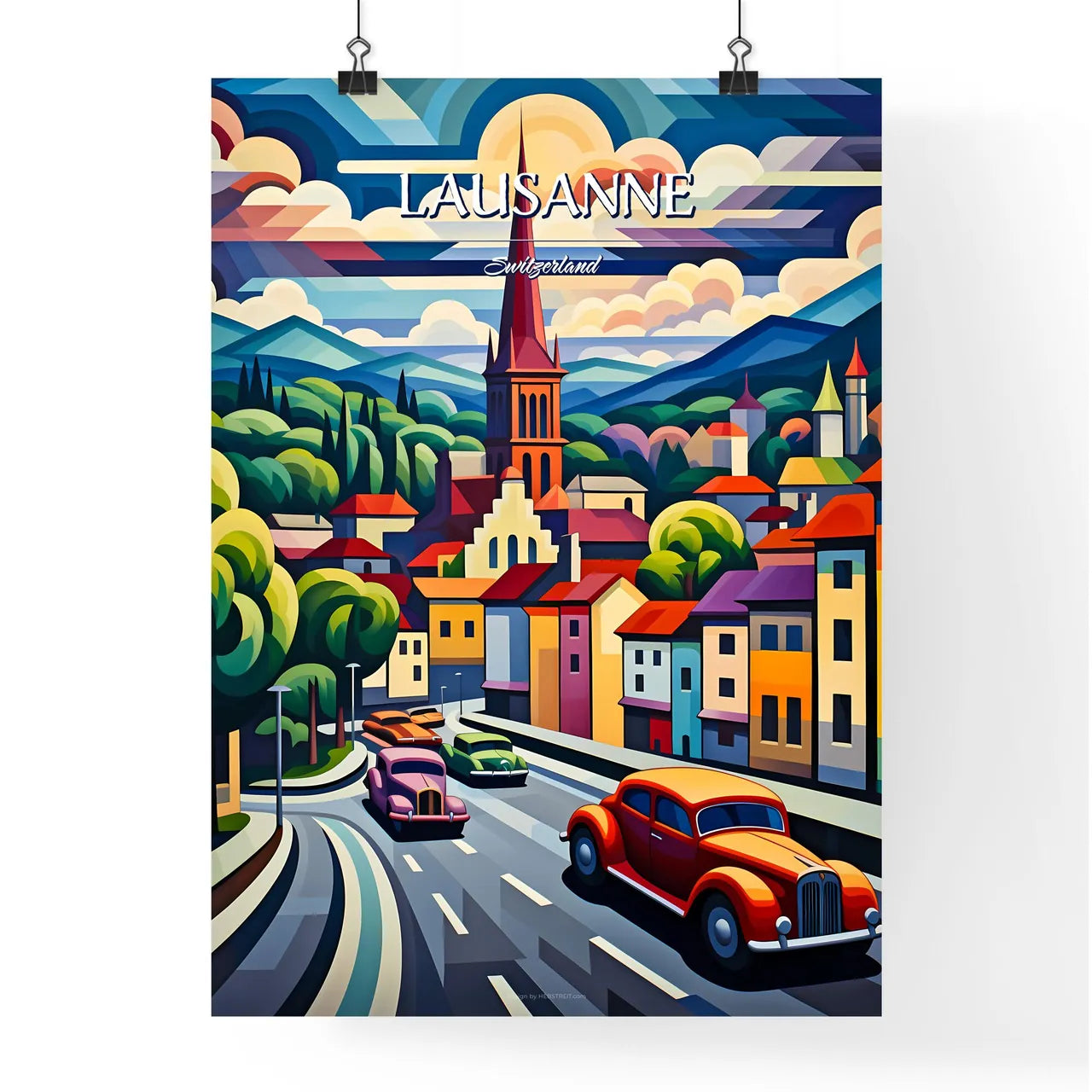Lausanne, Switzerland - Art print of a painting of a street with cars and buildings Poster