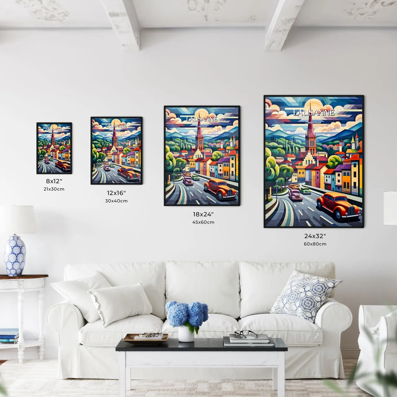 Lausanne, Switzerland - Art print of a painting of a street with cars and buildings Size Chart