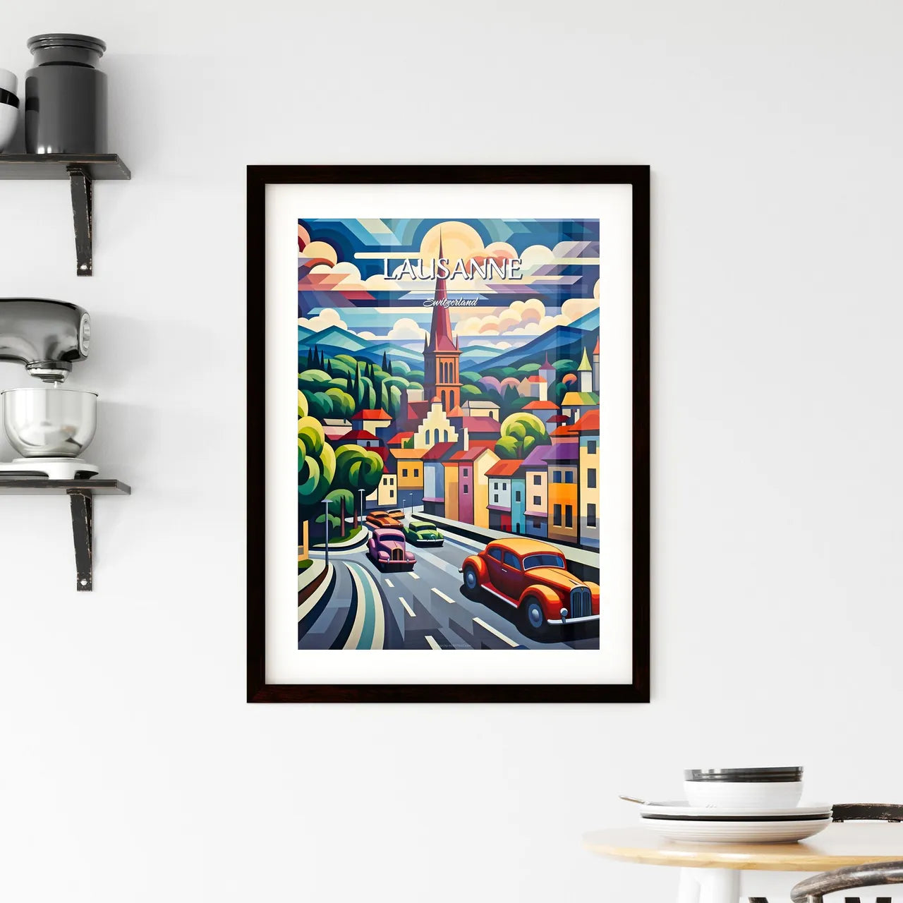 Lausanne, Switzerland - Art print of a painting of a street with cars and buildings Custom Print