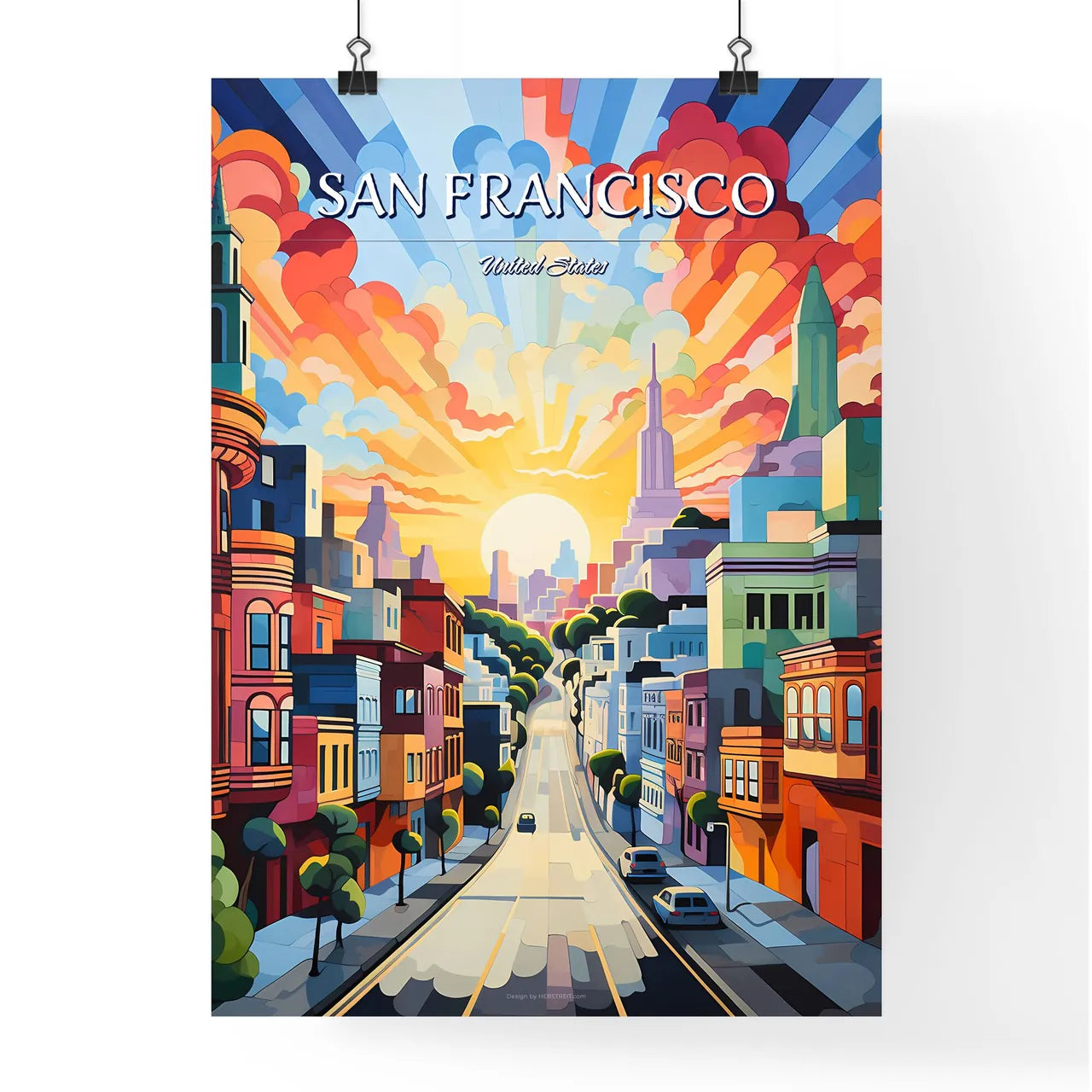 San Francisco - Art print of a street with cars and buildings in the background Poster