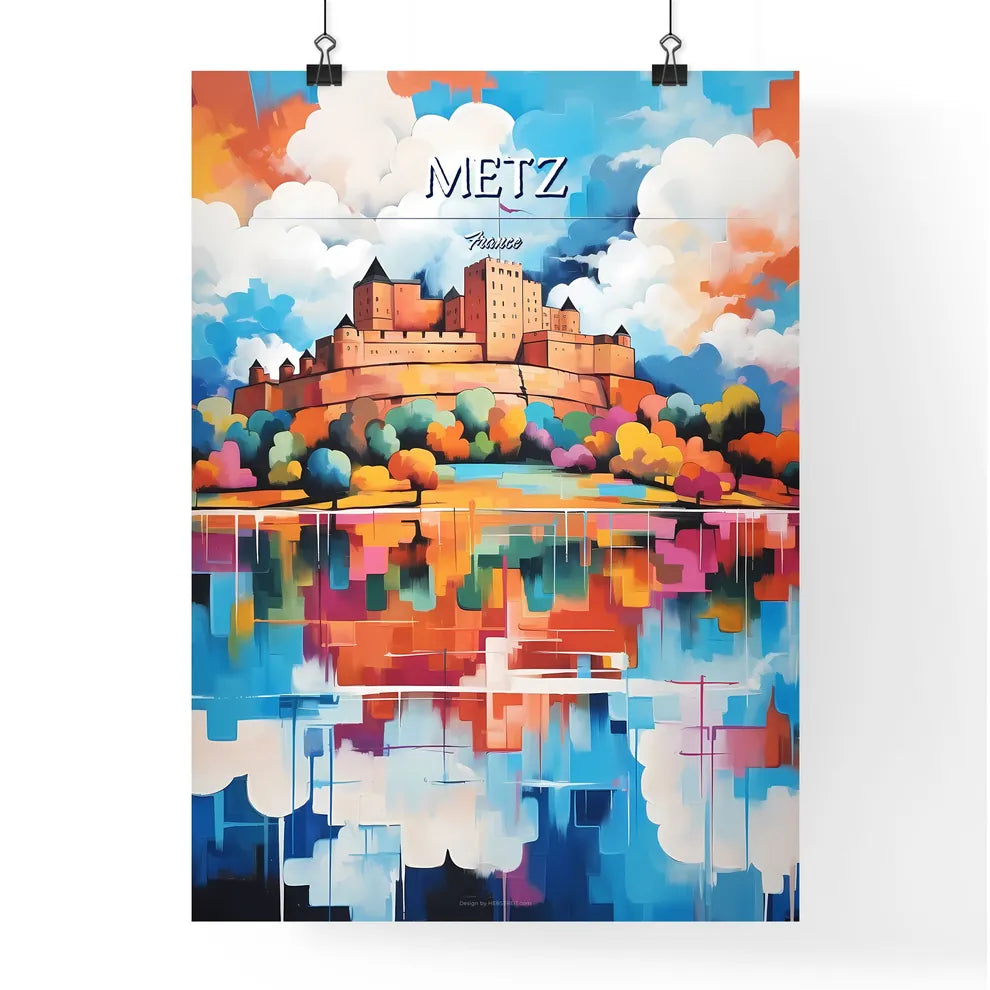 Metz, France - Art print of a painting of a castle on a hill with trees and water Poster