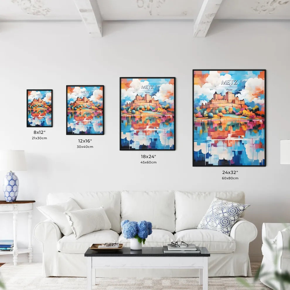 Metz, France - Art print of a painting of a castle on a hill with trees and water Size Chart