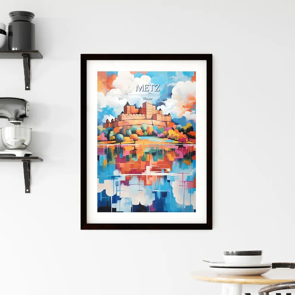 Metz, France - Art print of a painting of a castle on a hill with trees and water Custom Print