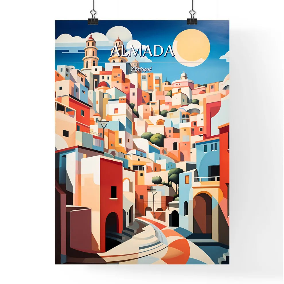 Almada, Portugal - Art print of a painting of a colorful city Poster