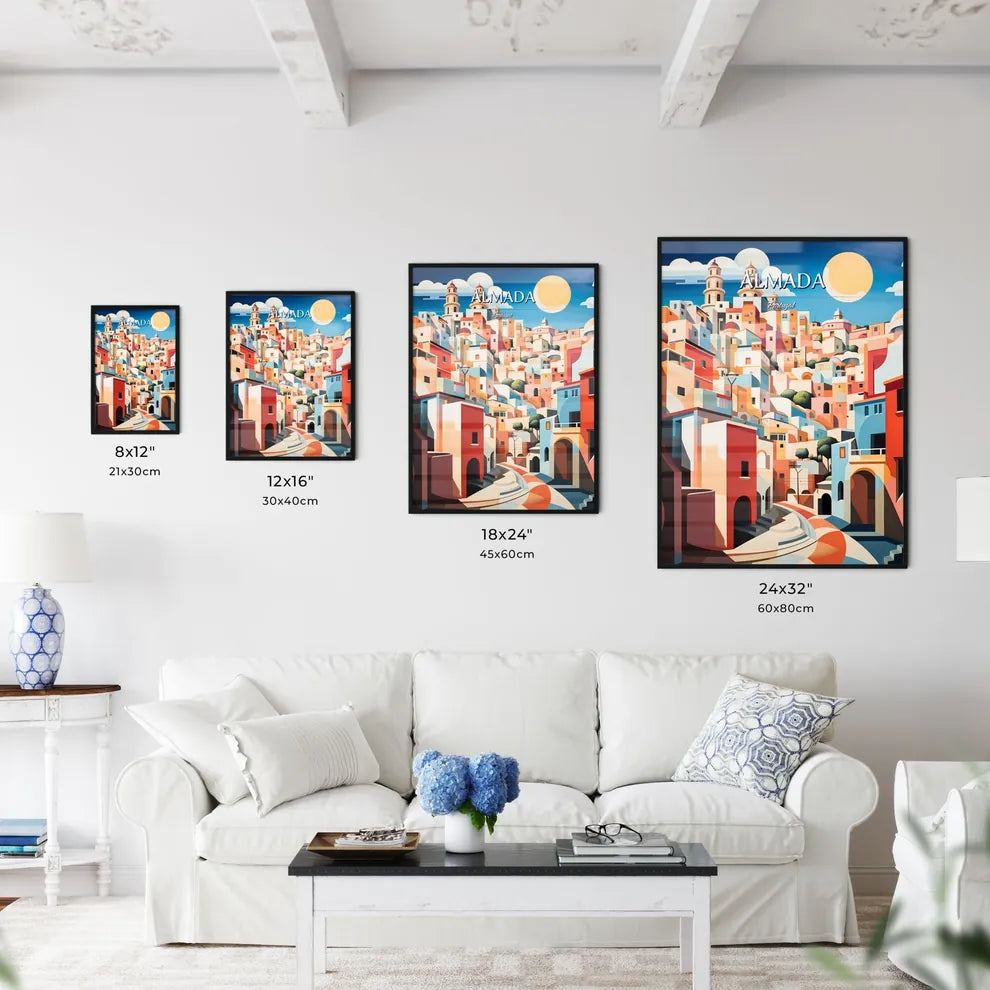Almada, Portugal - Art print of a painting of a colorful city Size Chart