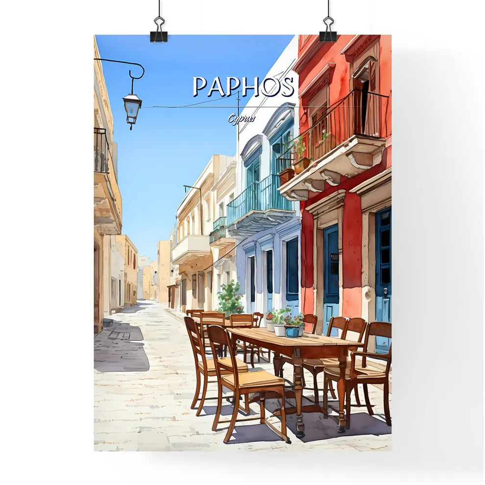 Paphos, Cyprus - Art print of a watercolor of a street with a table and chairs Poster