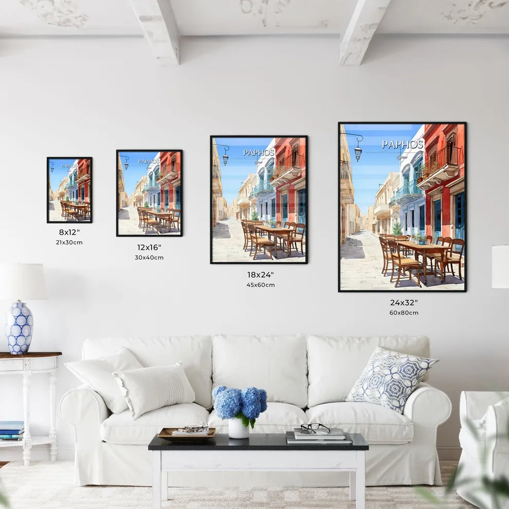 Paphos, Cyprus - Art print of a watercolor of a street with a table and chairs Size Chart