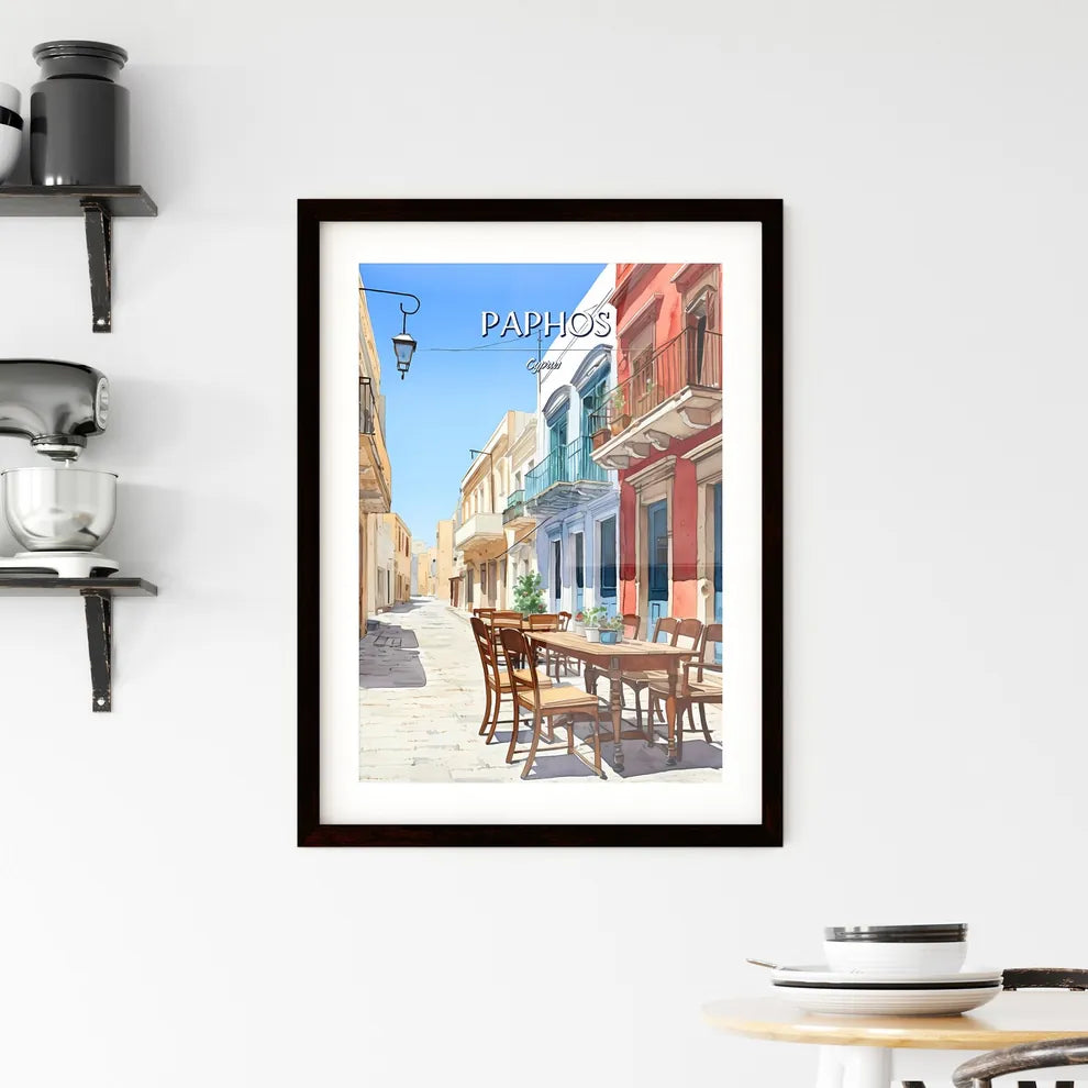 Paphos, Cyprus - Art print of a watercolor of a street with a table and chairs Custom Print