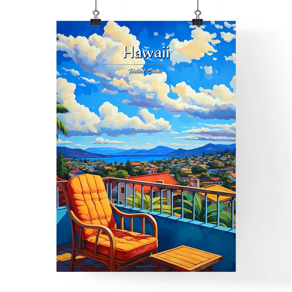 On the roofs of Hawaii, United States - Art print of a chair on a balcony overlooking a city Poster