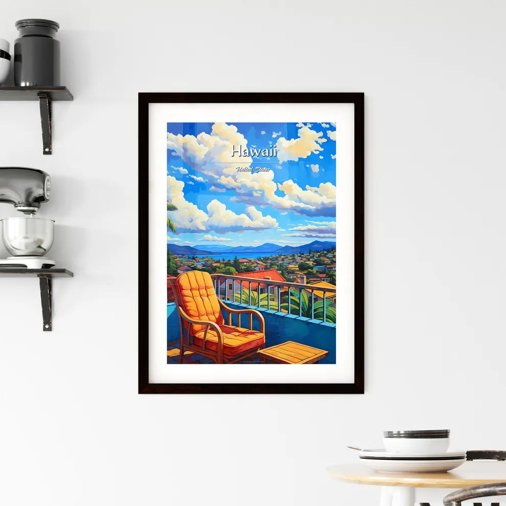 On the roofs of Hawaii, United States - Art print of a chair on a balcony overlooking a city Custom Print