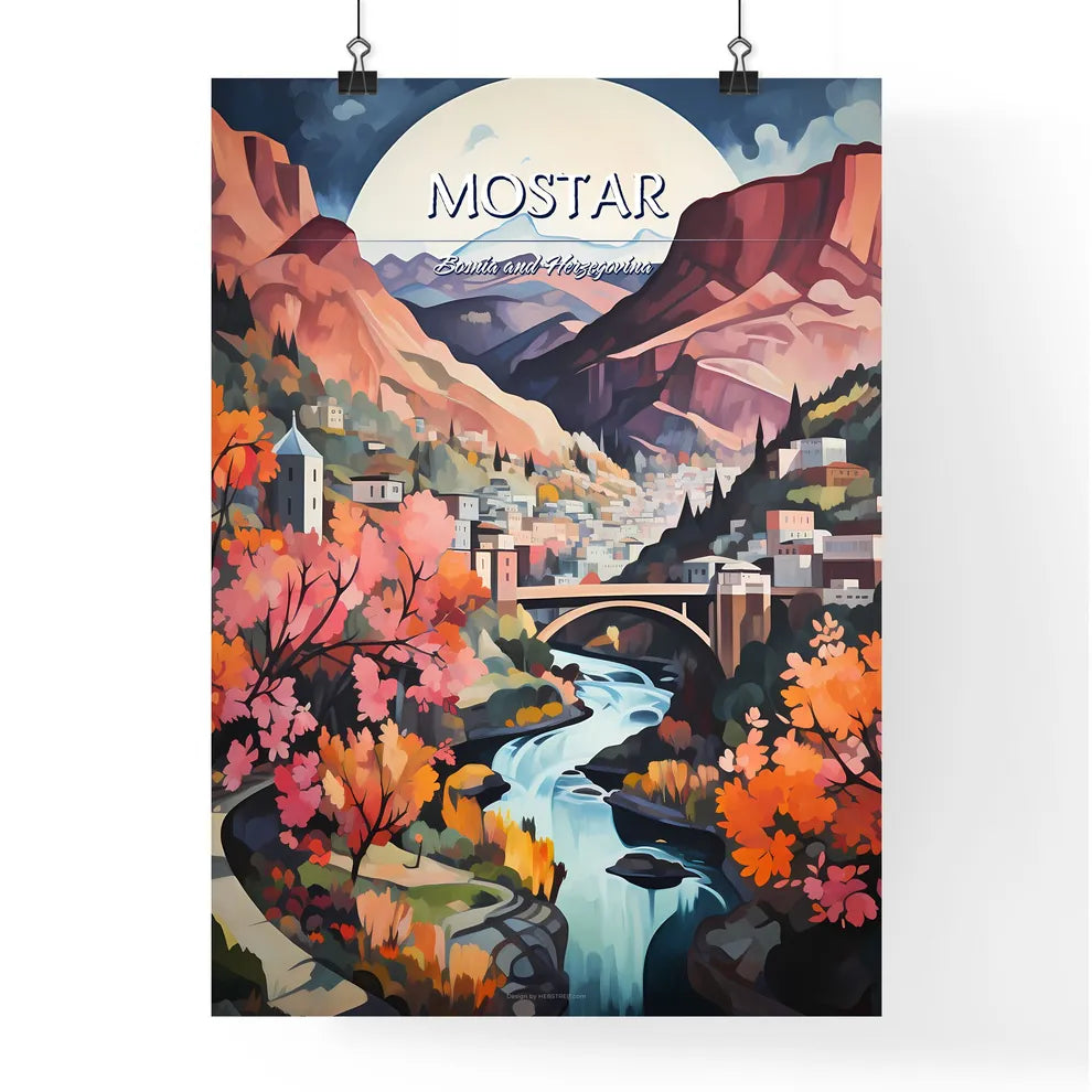 Mostar, Bosnia and Herzegovina - Art print of a painting of a town and a river Poster