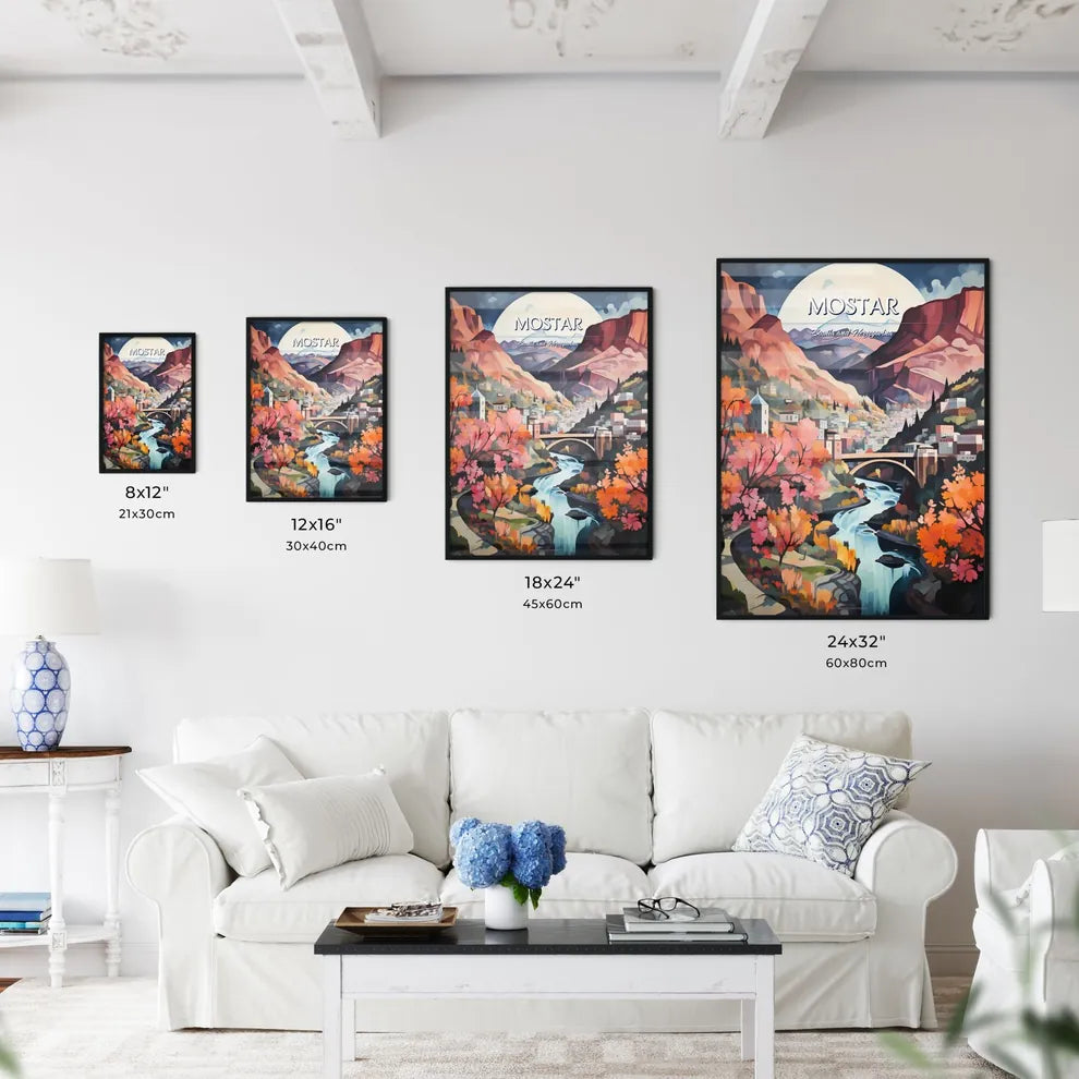 Mostar, Bosnia and Herzegovina - Art print of a painting of a town and a river Size Chart