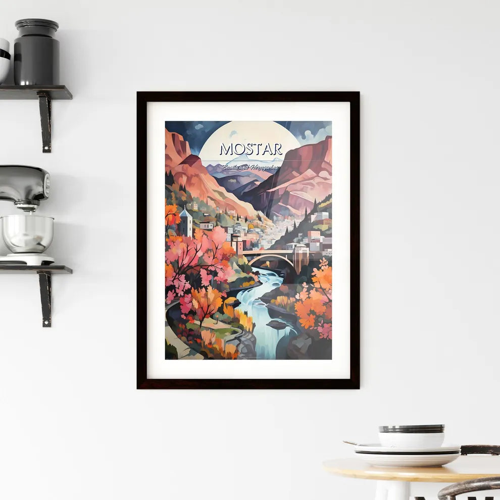 Mostar, Bosnia and Herzegovina - Art print of a painting of a town and a river Custom Print