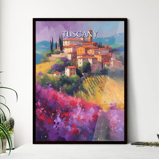 Tuscany, Italy - Art print of a painting of a village on a hill with flowers Framed Art
