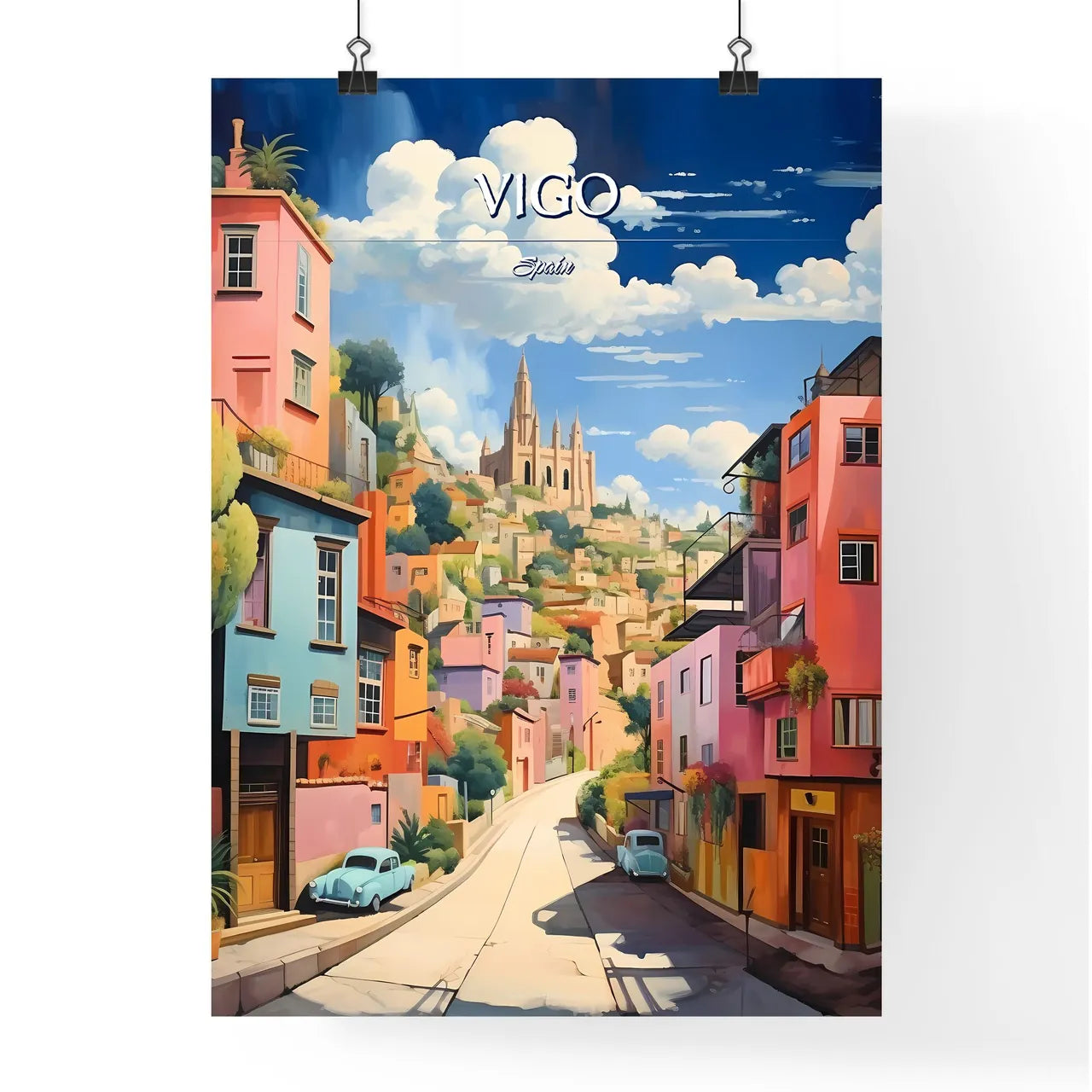Vigo, Spain - Art print of a street with colorful buildings and a castle in the background Poster