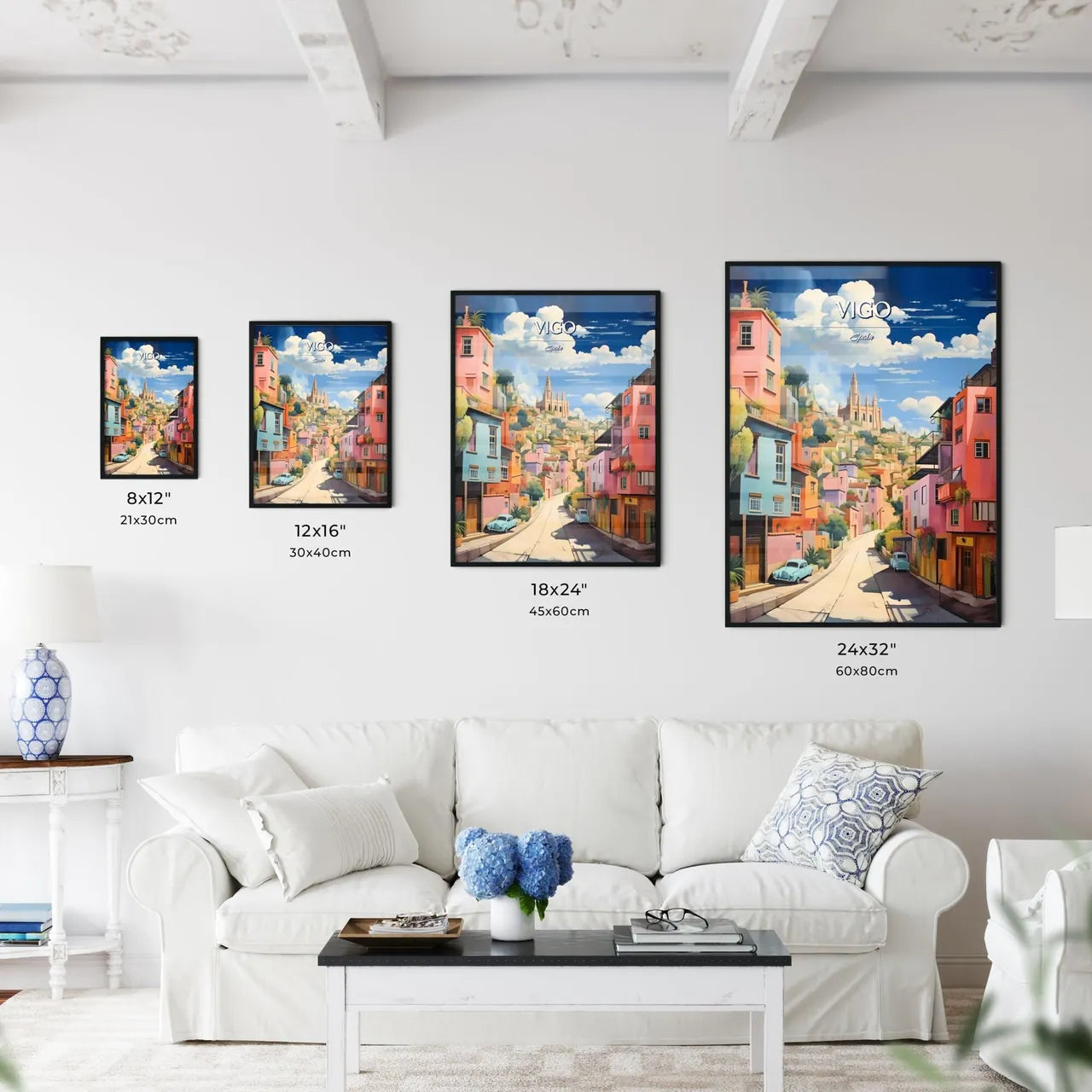 Vigo, Spain - Art print of a street with colorful buildings and a castle in the background Size Chart