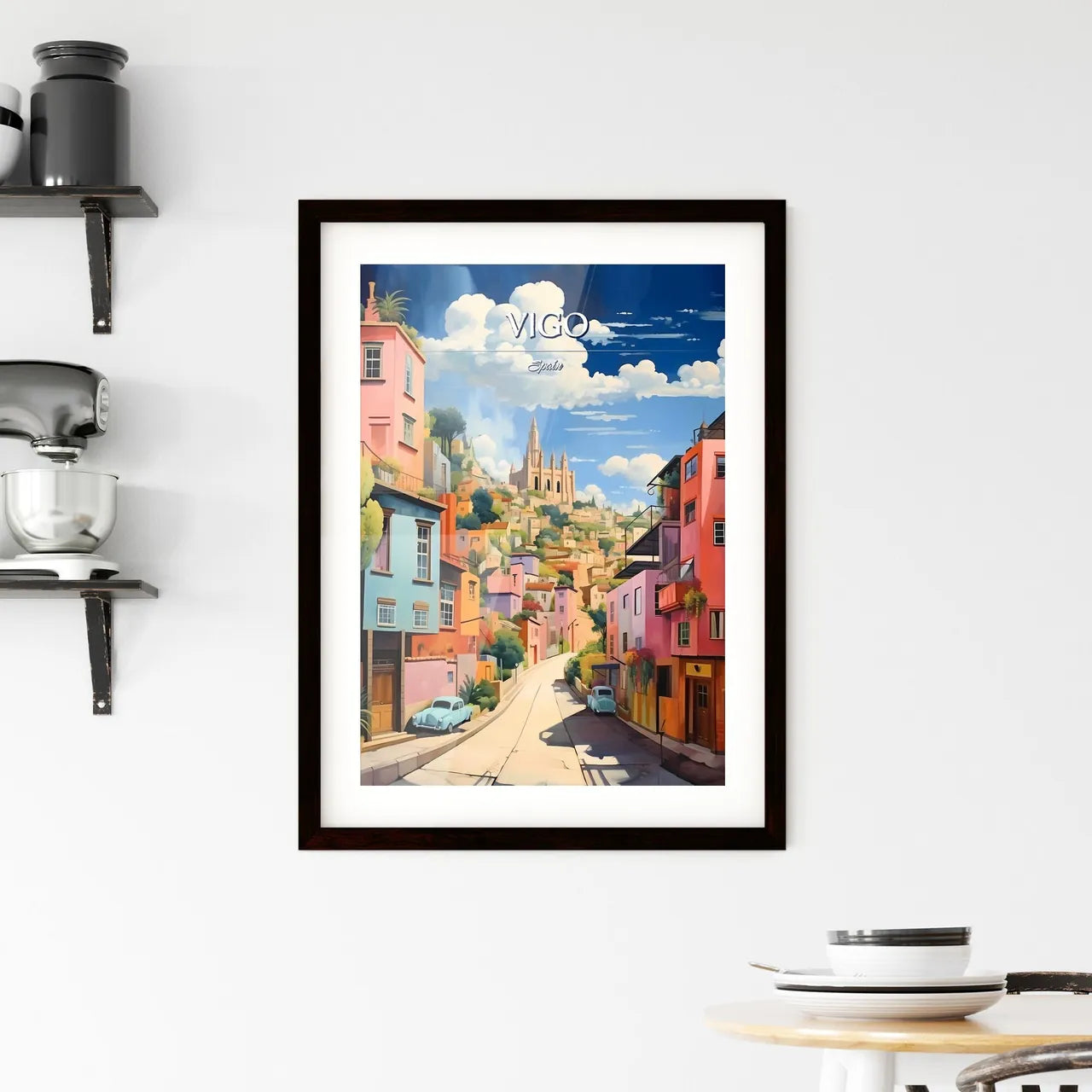 Vigo, Spain - Art print of a street with colorful buildings and a castle in the background Custom Print