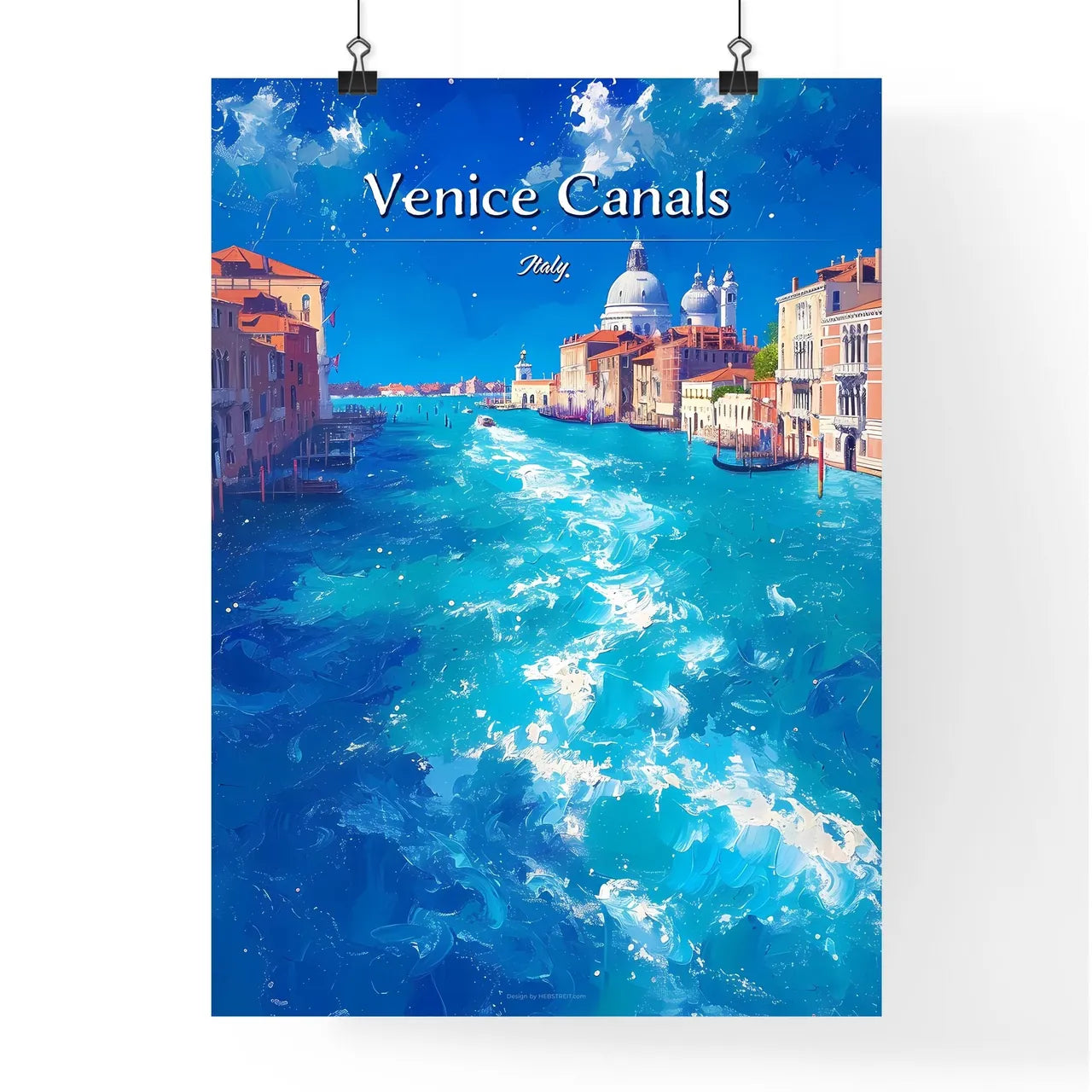 Venice Canals, Italy - Art print of a water way with buildings and a church Poster