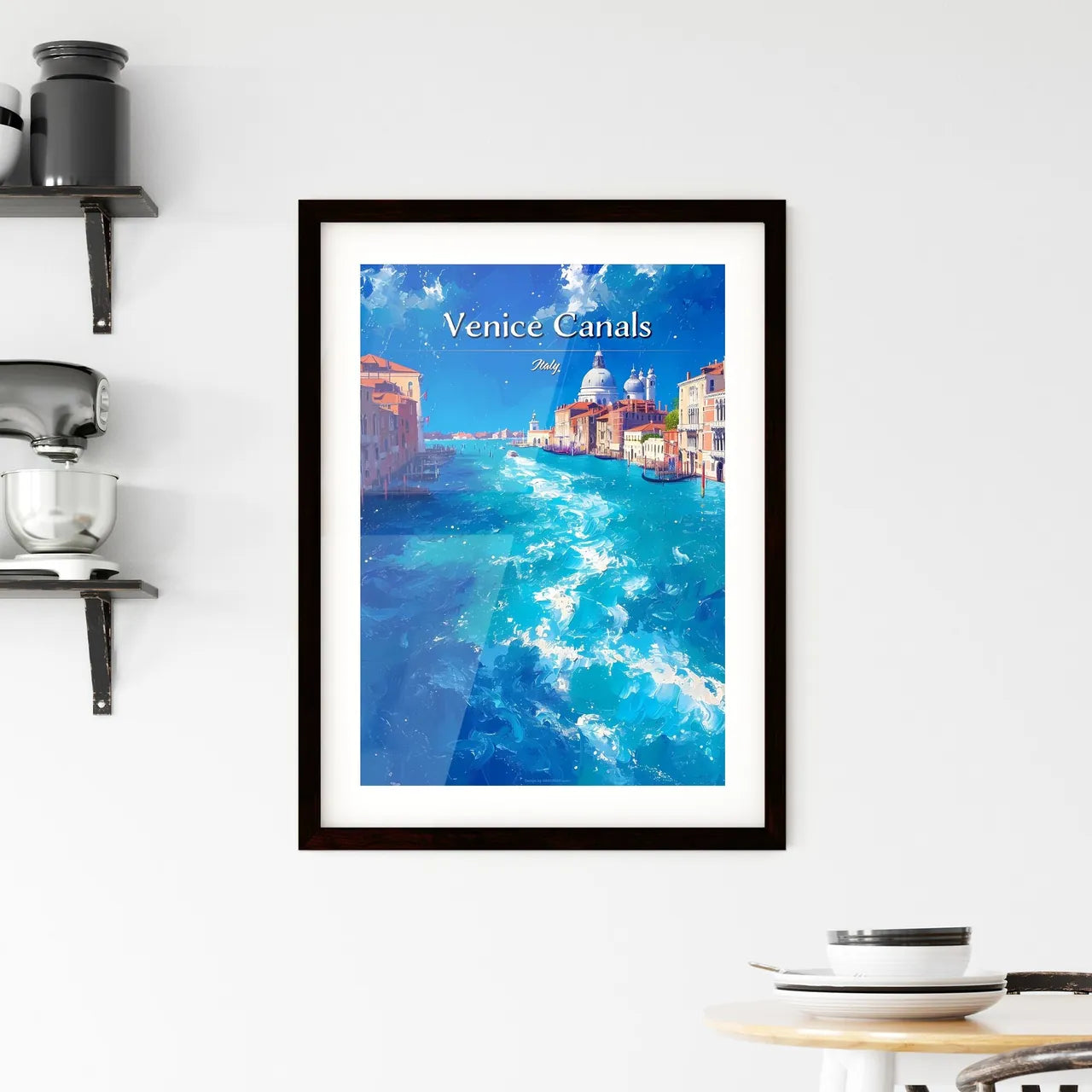 Venice Canals, Italy - Art print of a water way with buildings and a church Custom Print