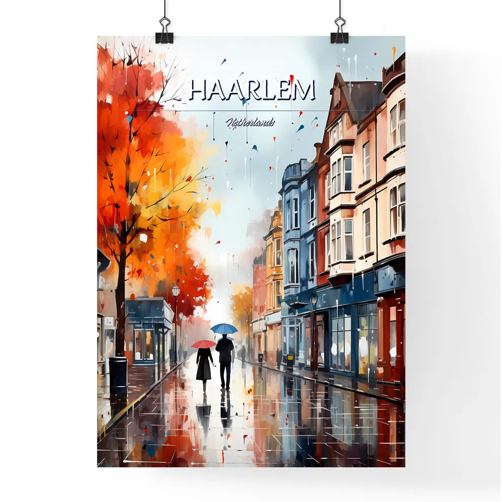 Haarlem, Netherlands - Art print of a couple walking down a street with umbrellas Poster