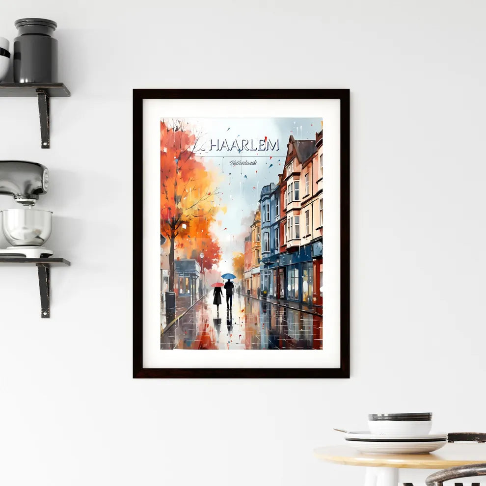 Haarlem, Netherlands - Art print of a couple walking down a street with umbrellas Custom Print
